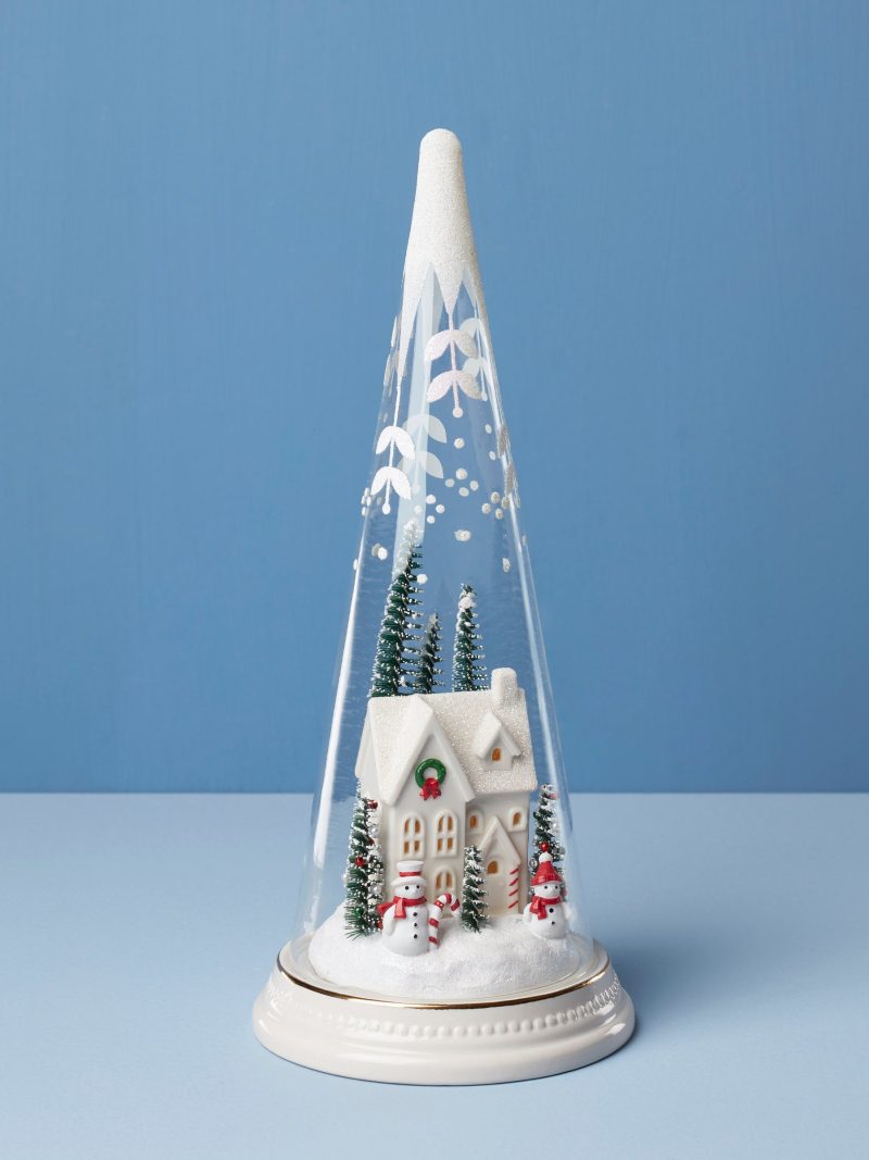 Lit Christmas Cone With Farmhouse Scene